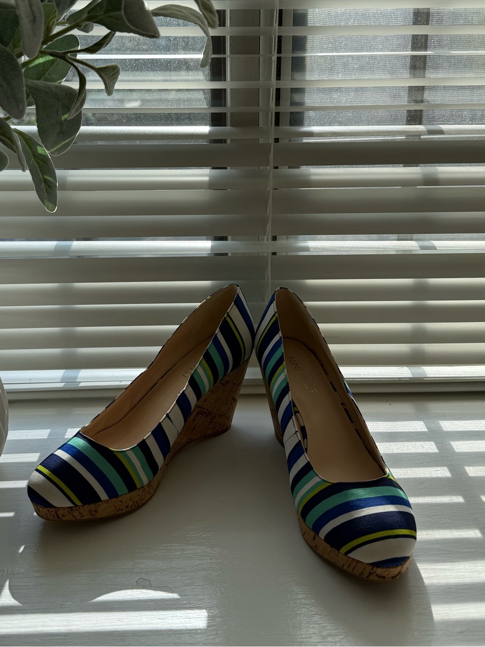 Nine West Blue, Green & White Striped Cork Wedges